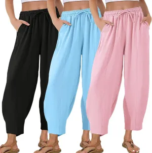 Womens High Waisted Baggy Pants Drawstring Elastic Waisted Ankle Length Pants Palazzo Casual Trouser with Pockets