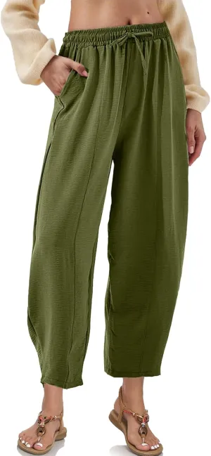Womens High Waisted Baggy Pants Drawstring Elastic Waisted Ankle Length Pants Palazzo Casual Trouser with Pockets