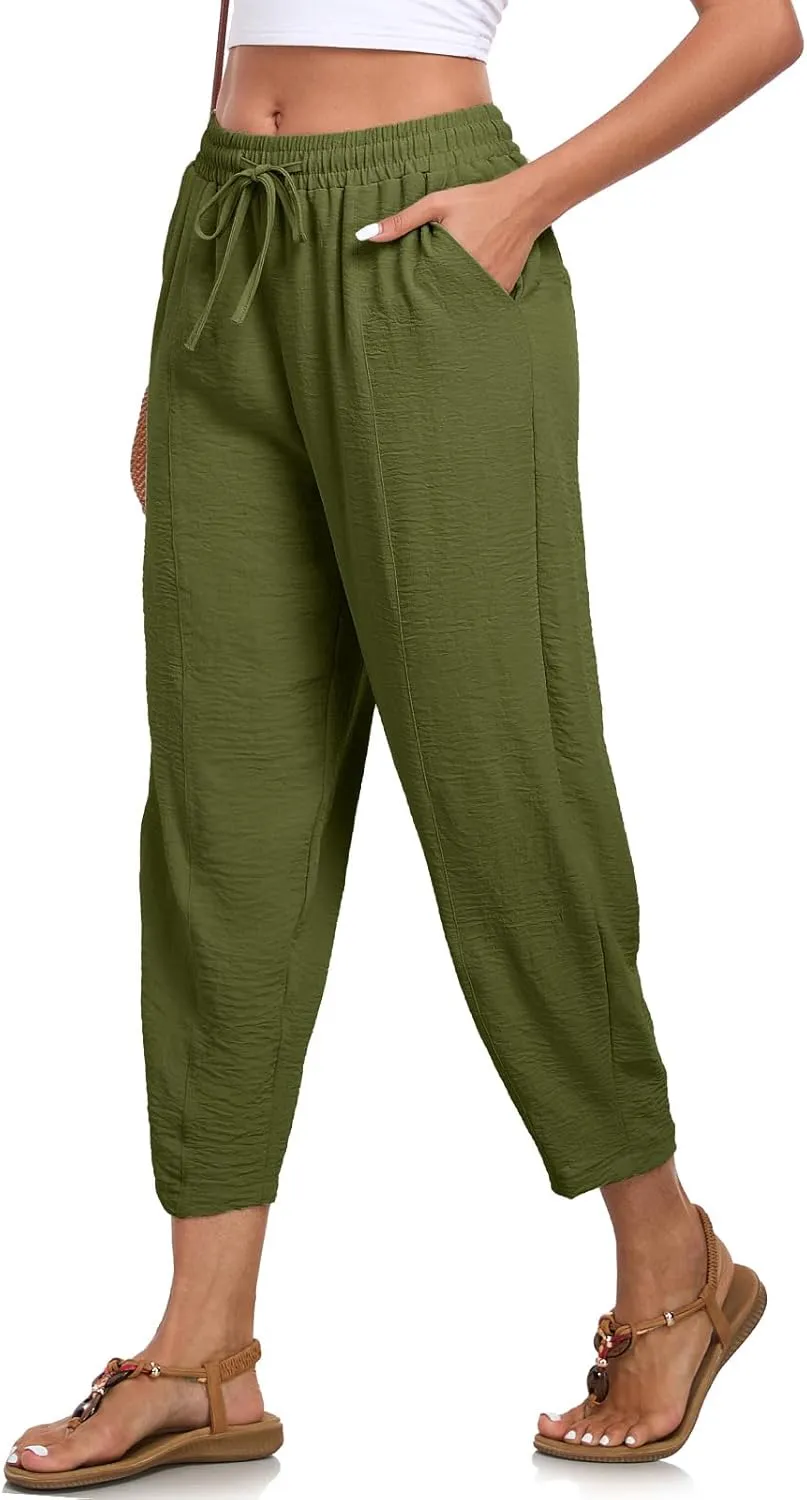 Womens High Waisted Baggy Pants Drawstring Elastic Waisted Ankle Length Pants Palazzo Casual Trouser with Pockets