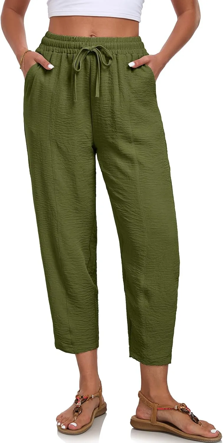 Womens High Waisted Baggy Pants Drawstring Elastic Waisted Ankle Length Pants Palazzo Casual Trouser with Pockets