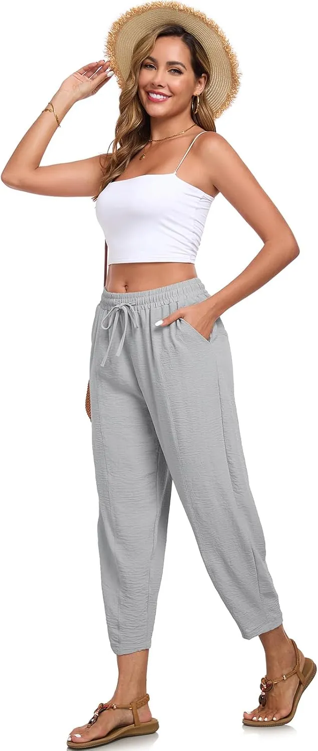 Womens High Waisted Baggy Pants Drawstring Elastic Waisted Ankle Length Pants Palazzo Casual Trouser with Pockets
