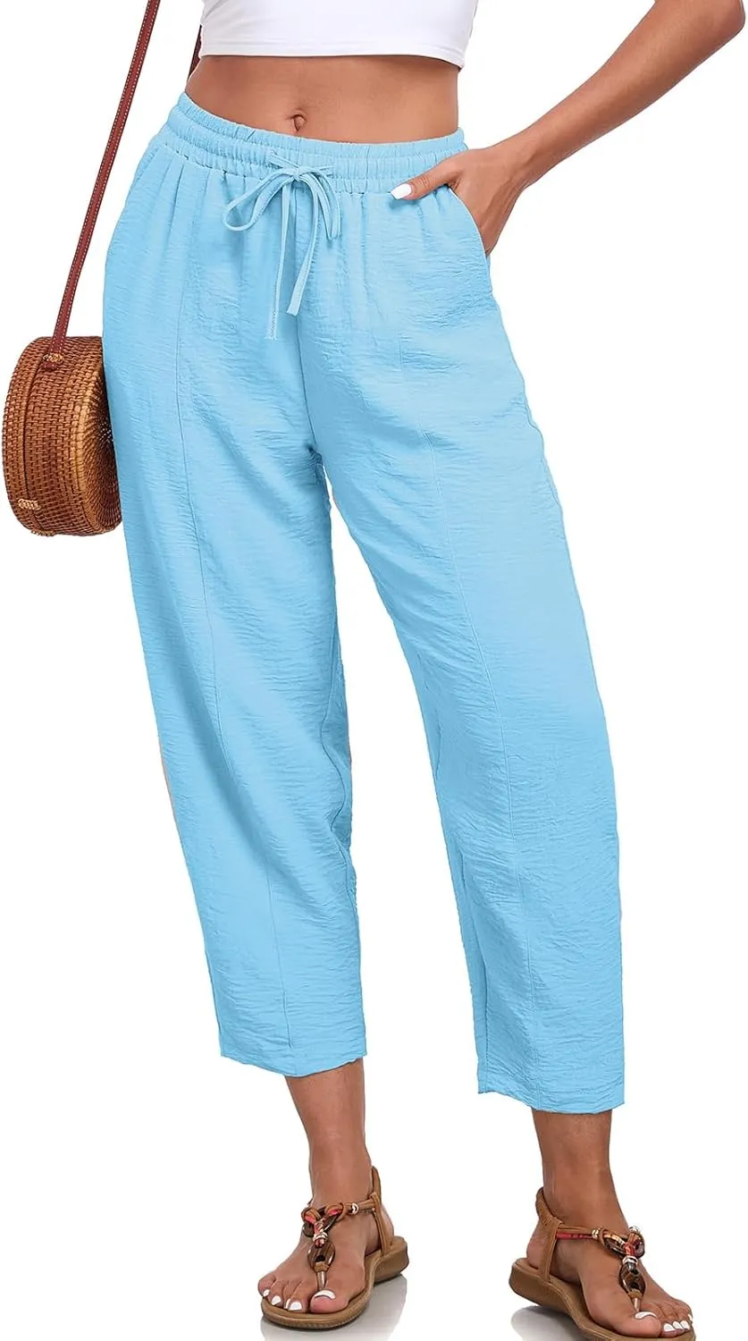 Womens High Waisted Baggy Pants Drawstring Elastic Waisted Ankle Length Pants Palazzo Casual Trouser with Pockets