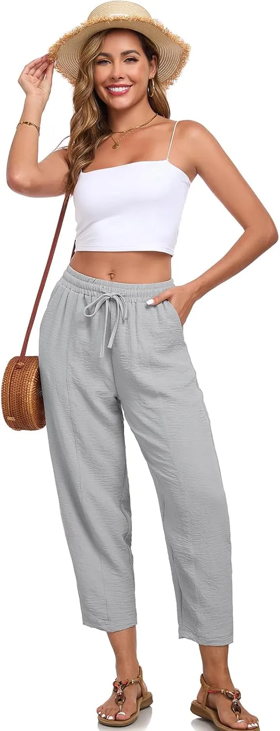Womens High Waisted Baggy Pants Drawstring Elastic Waisted Ankle Length Pants Palazzo Casual Trouser with Pockets