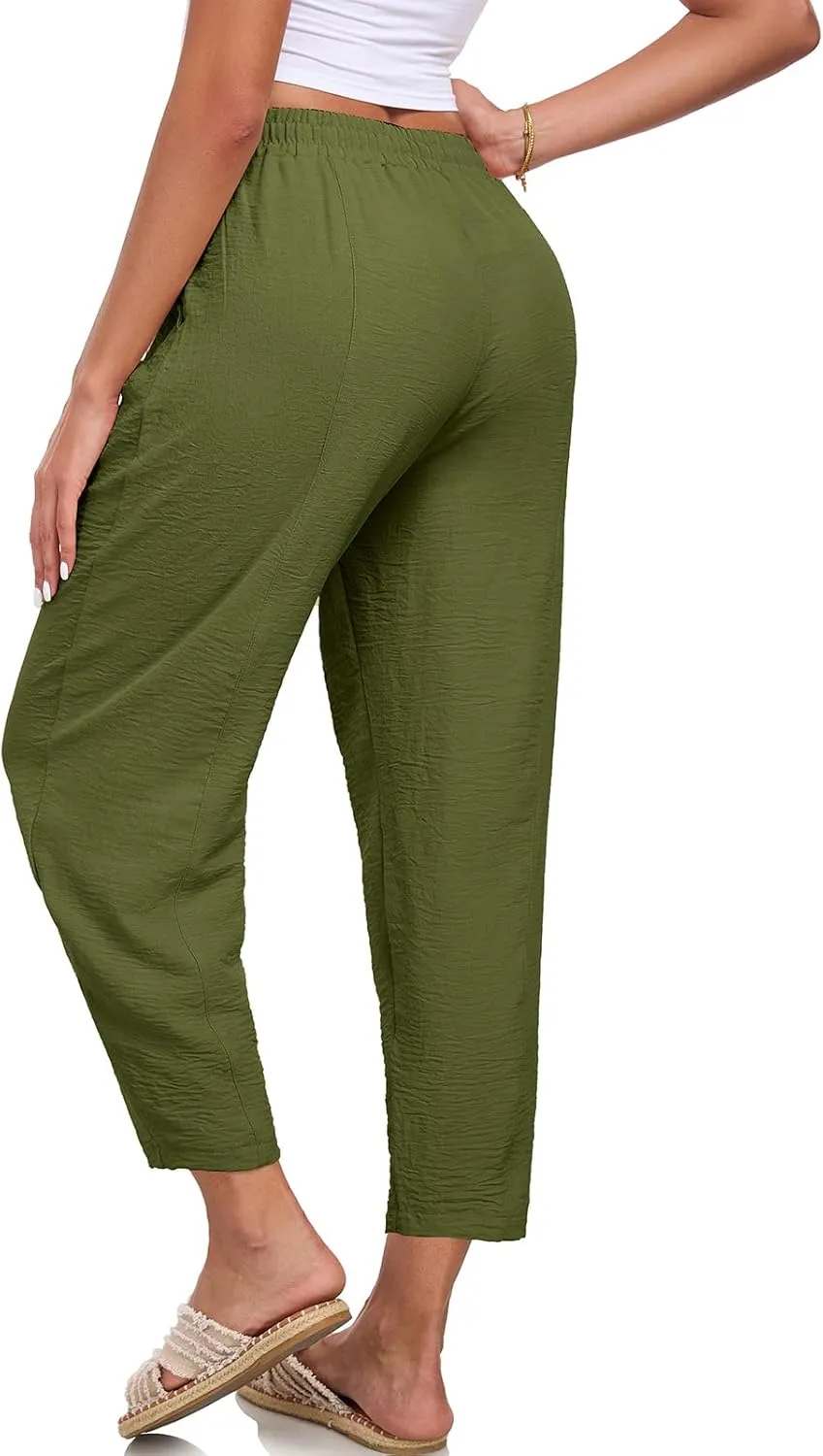 Womens High Waisted Baggy Pants Drawstring Elastic Waisted Ankle Length Pants Palazzo Casual Trouser with Pockets
