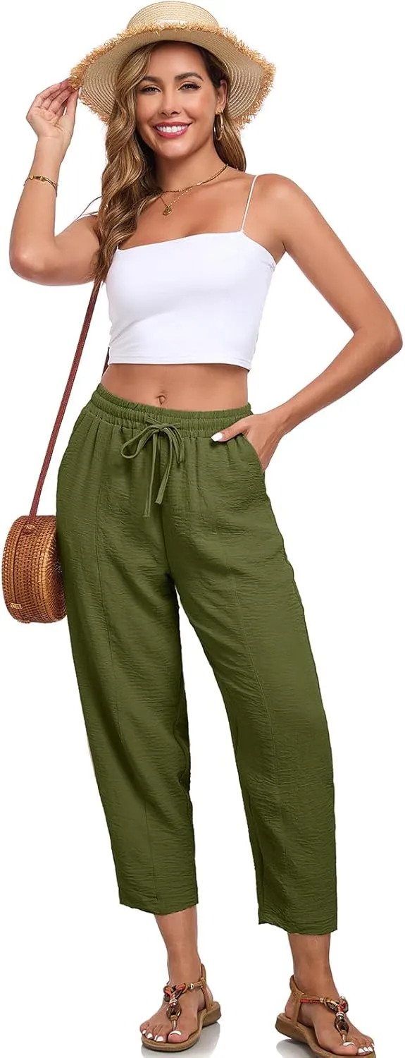 Womens High Waisted Baggy Pants Drawstring Elastic Waisted Ankle Length Pants Palazzo Casual Trouser with Pockets
