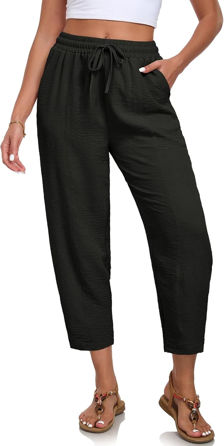 Womens High Waisted Baggy Pants Drawstring Elastic Waisted Ankle Length Pants Palazzo Casual Trouser with Pockets
