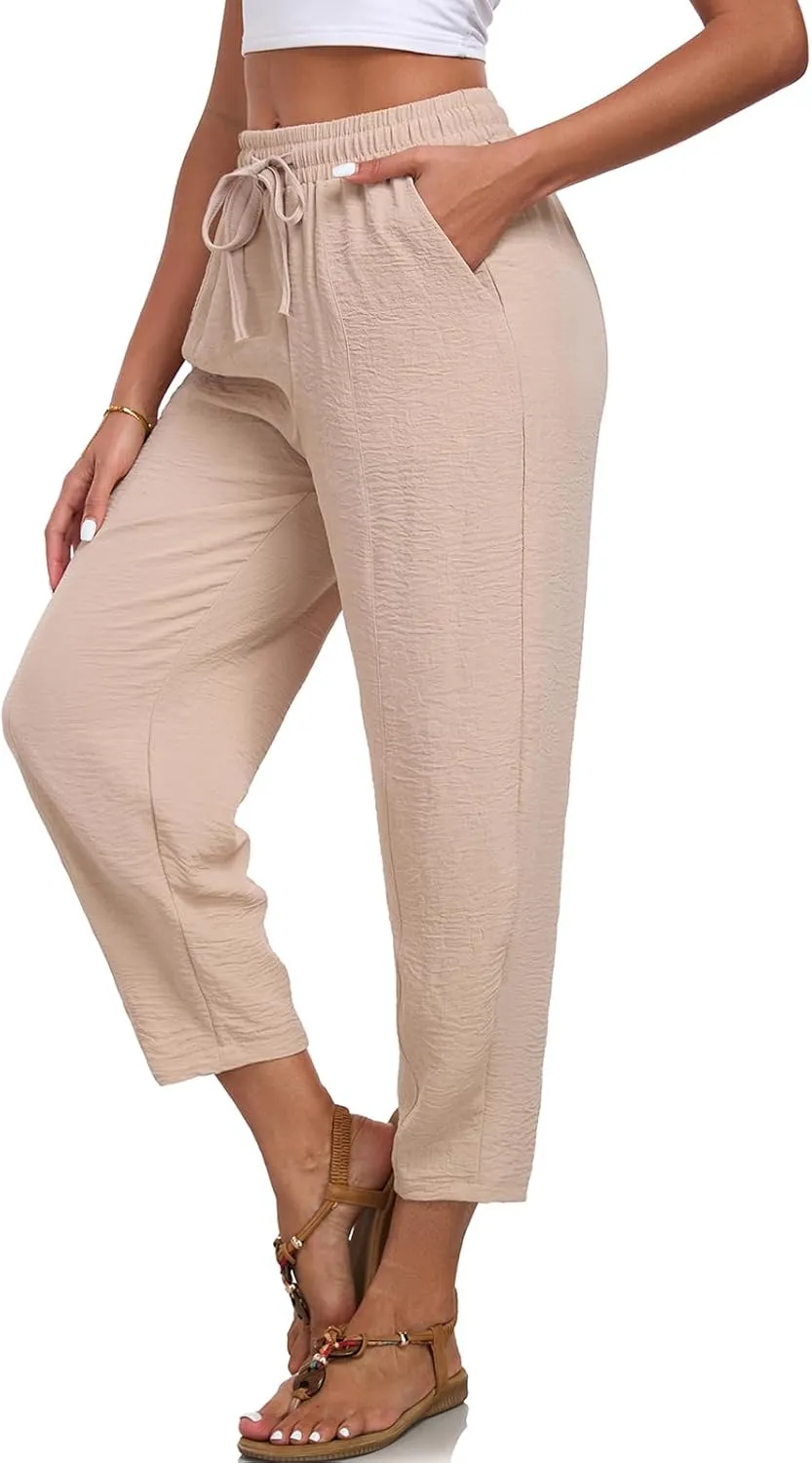 Womens High Waisted Baggy Pants Drawstring Elastic Waisted Ankle Length Pants Palazzo Casual Trouser with Pockets