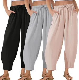 Womens High Waisted Baggy Pants Drawstring Elastic Waisted Ankle Length Pants Palazzo Casual Trouser with Pockets