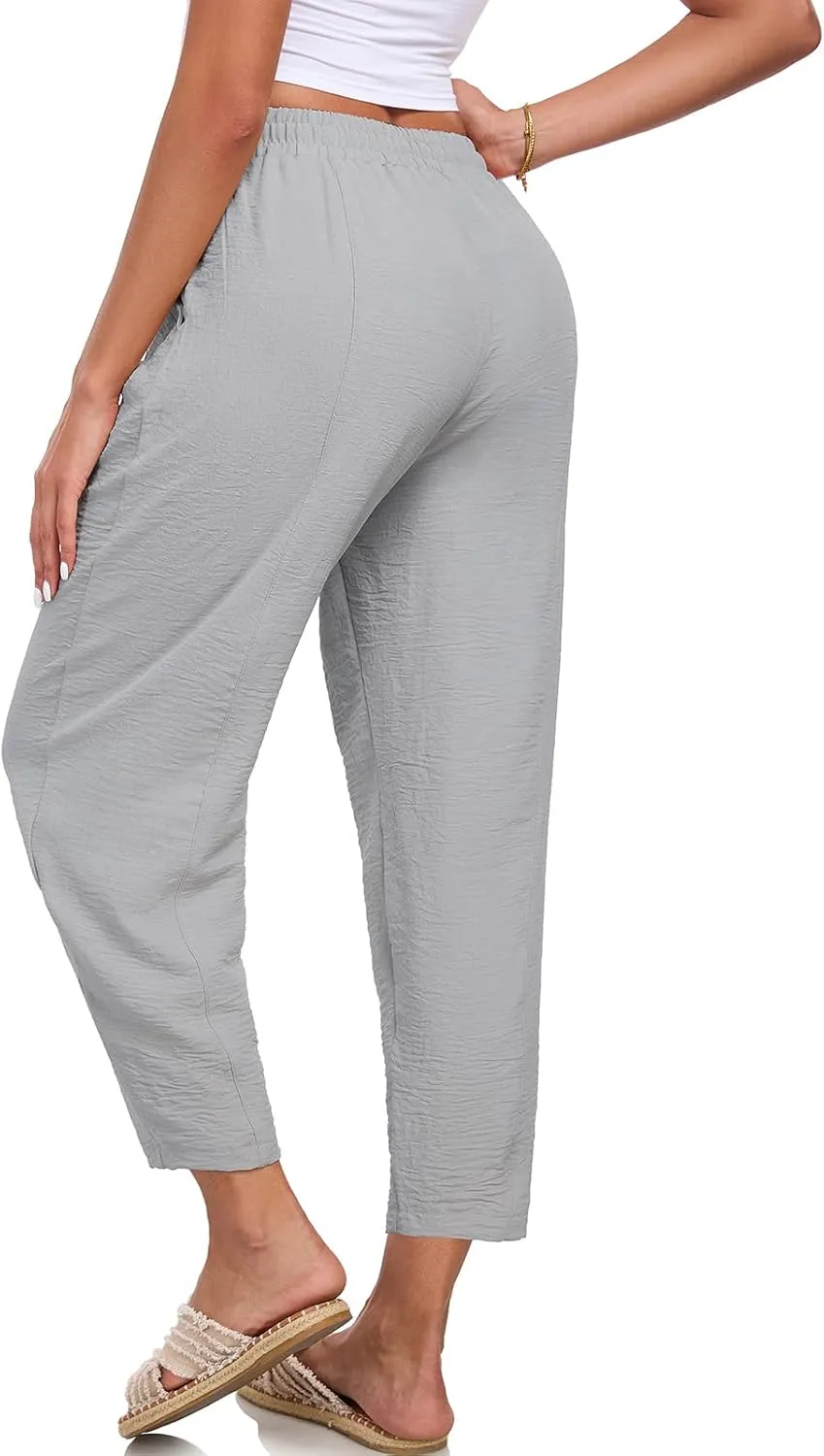 Womens High Waisted Baggy Pants Drawstring Elastic Waisted Ankle Length Pants Palazzo Casual Trouser with Pockets