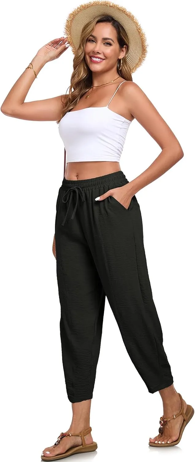 Womens High Waisted Baggy Pants Drawstring Elastic Waisted Ankle Length Pants Palazzo Casual Trouser with Pockets
