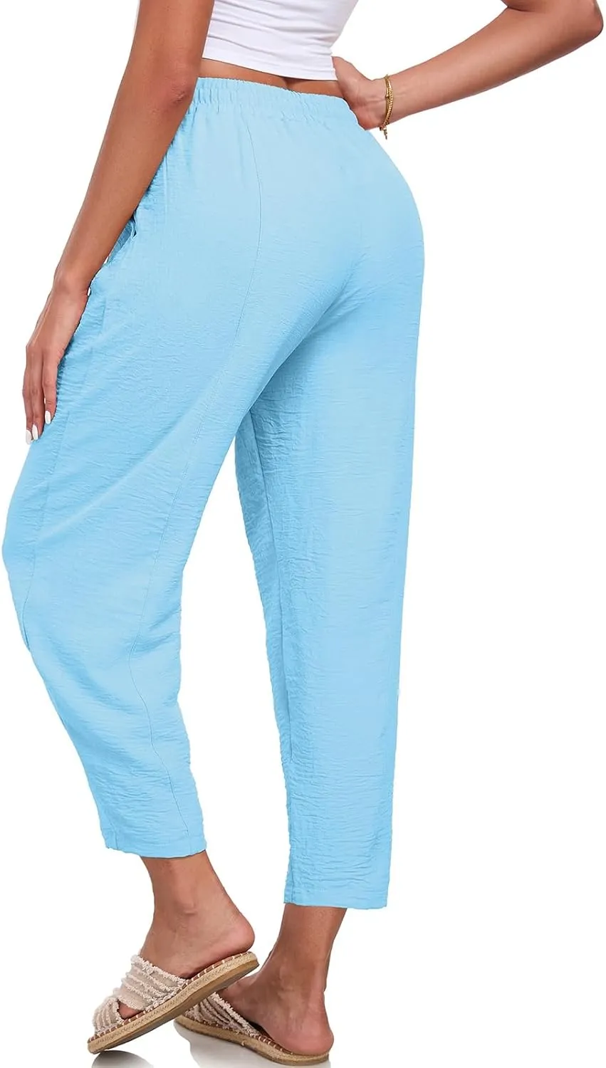 Womens High Waisted Baggy Pants Drawstring Elastic Waisted Ankle Length Pants Palazzo Casual Trouser with Pockets