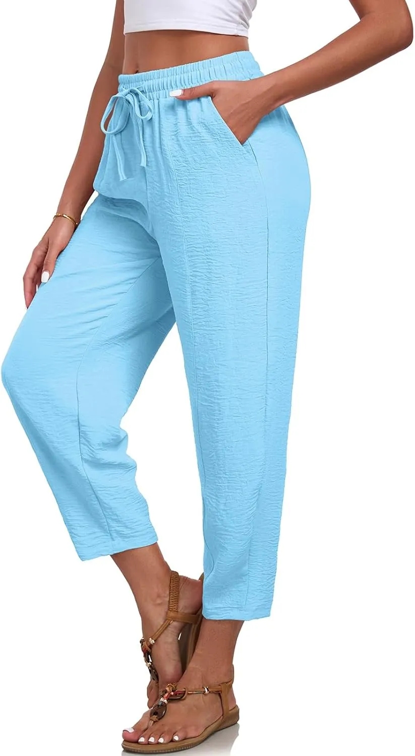 Womens High Waisted Baggy Pants Drawstring Elastic Waisted Ankle Length Pants Palazzo Casual Trouser with Pockets