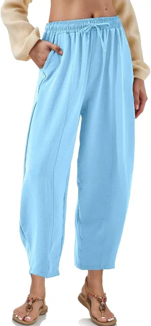 Womens High Waisted Baggy Pants Drawstring Elastic Waisted Ankle Length Pants Palazzo Casual Trouser with Pockets