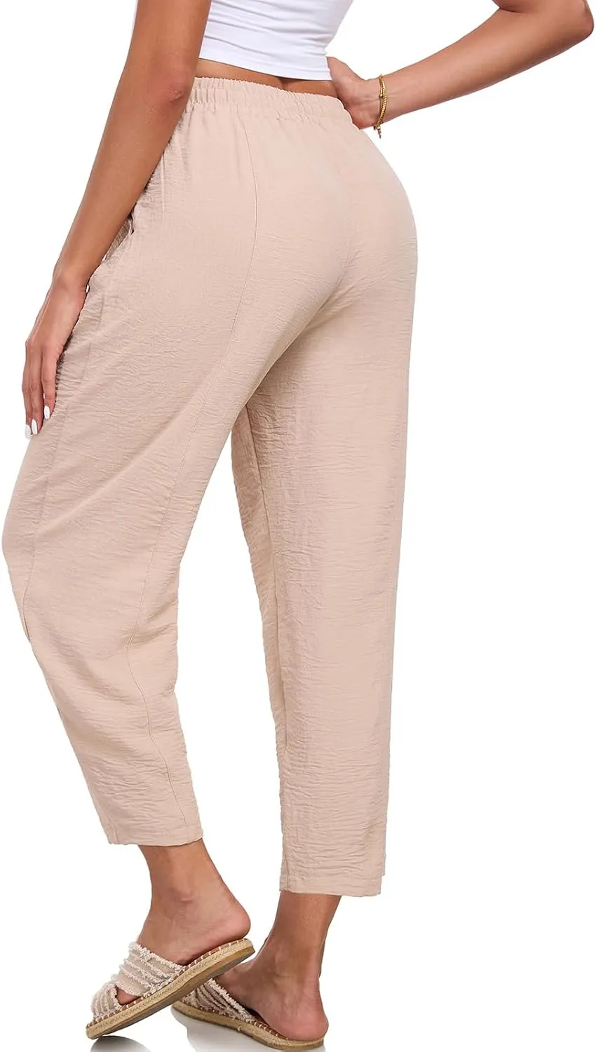 Womens High Waisted Baggy Pants Drawstring Elastic Waisted Ankle Length Pants Palazzo Casual Trouser with Pockets