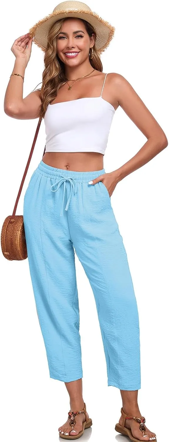 Womens High Waisted Baggy Pants Drawstring Elastic Waisted Ankle Length Pants Palazzo Casual Trouser with Pockets