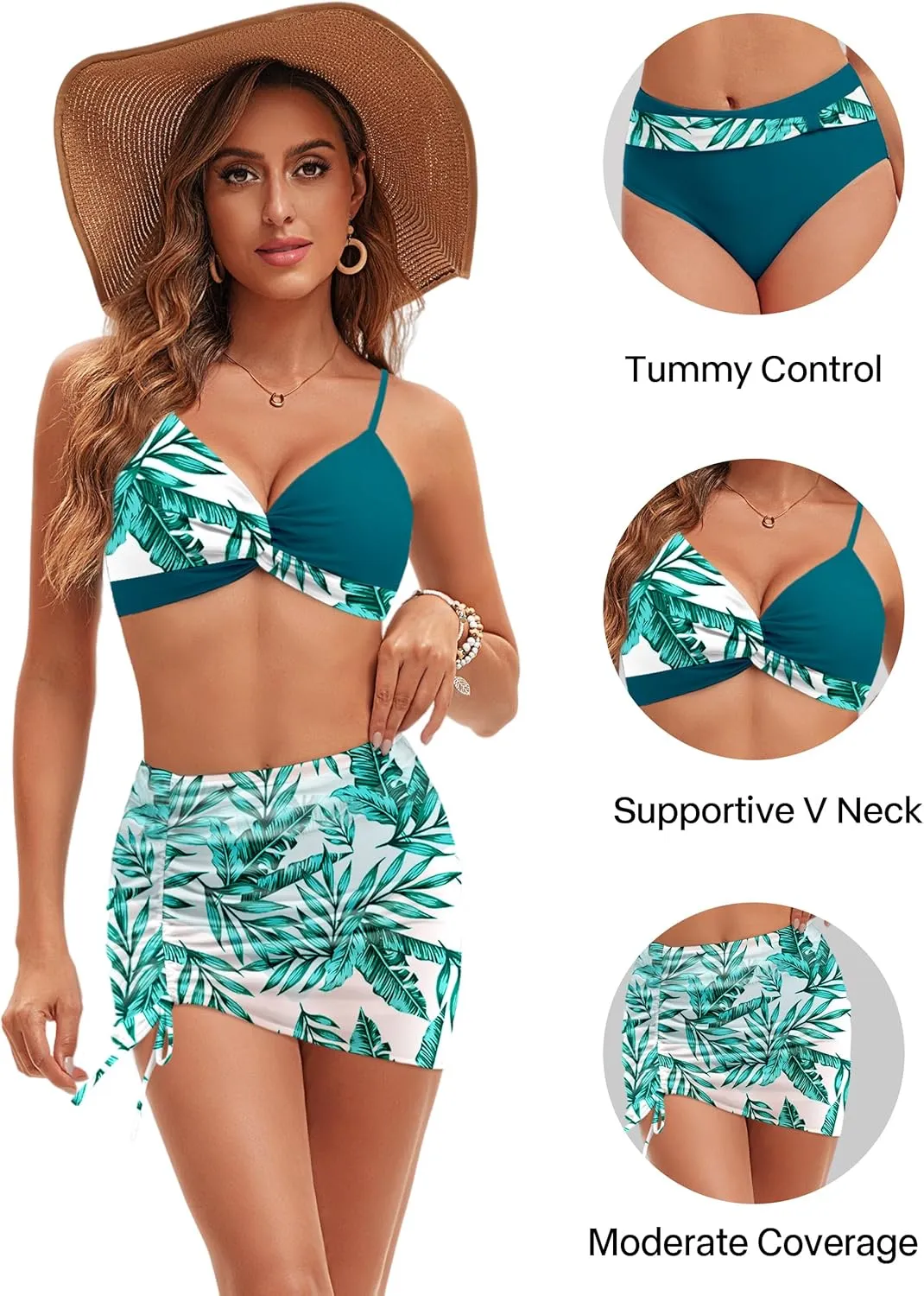 Womens High Waisted Bikini Sets Twist Front Push Up Floral Swimsuits Tummy Control Bathing Suit Drawstring Cover Up