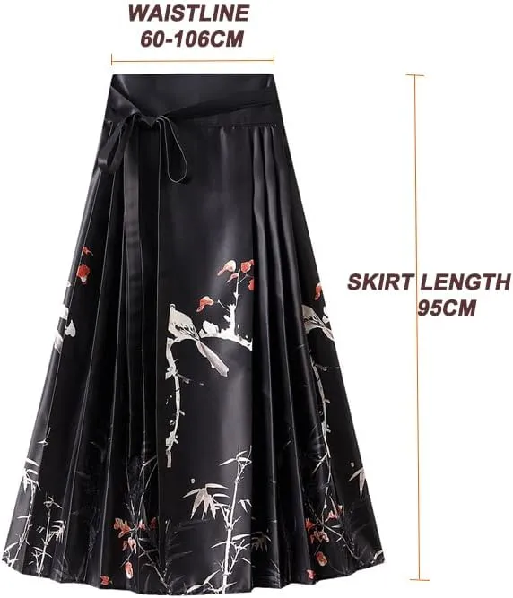 Women's Horse Face Skirt Long Swing Pleated Tie Up A-Line Skirt Chinese Style Women Skirts  Hair Tie