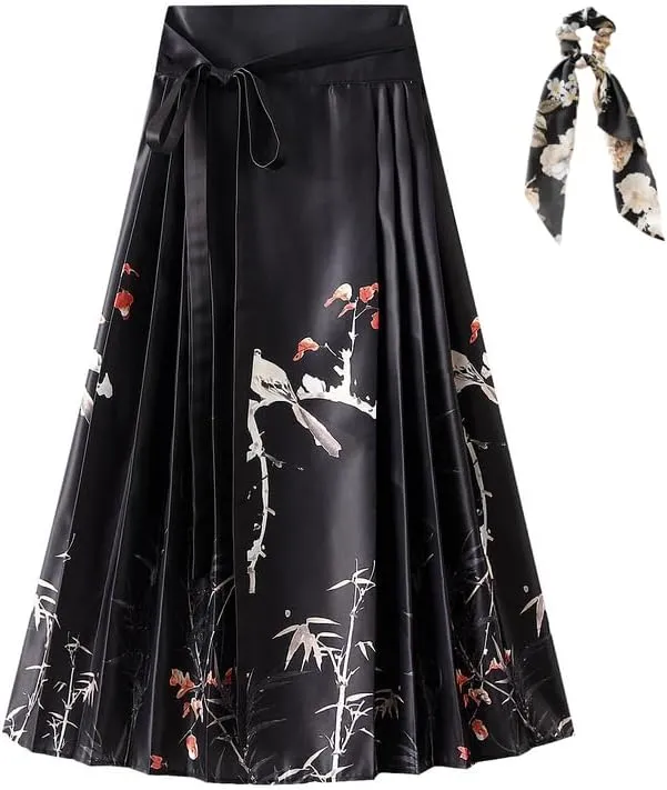Women's Horse Face Skirt Long Swing Pleated Tie Up A-Line Skirt Chinese Style Women Skirts  Hair Tie