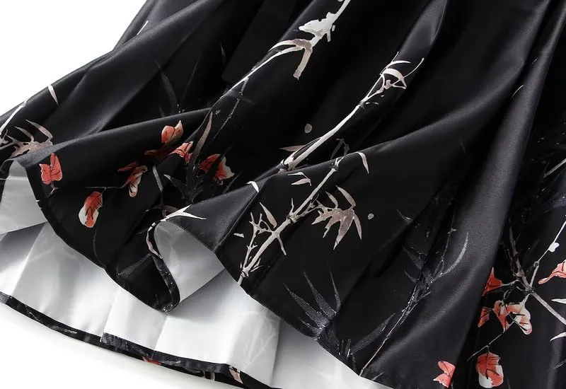Women's Horse Face Skirt Long Swing Pleated Tie Up A-Line Skirt Chinese Style Women Skirts  Hair Tie