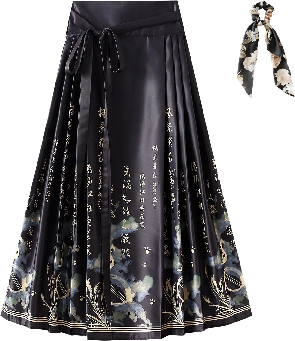 Women's Horse Face Skirt Long Swing Pleated Tie Up A-Line Skirt Chinese Style Women Skirts  Hair Tie