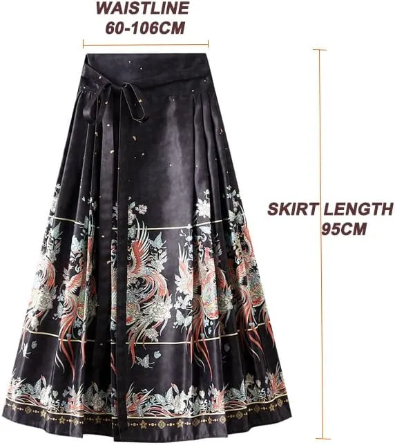 Women's Horse Face Skirt Long Swing Pleated Tie Up A-Line Skirt Chinese Style Women Skirts  Hair Tie