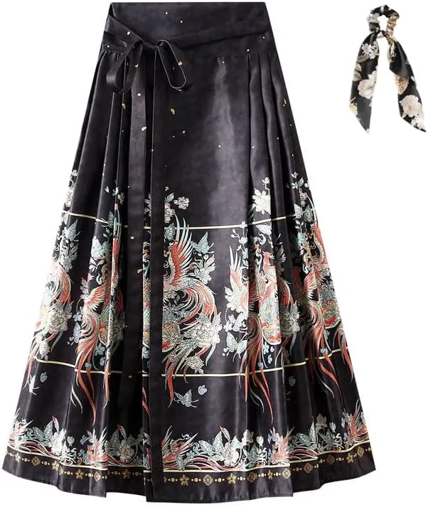 Women's Horse Face Skirt Long Swing Pleated Tie Up A-Line Skirt Chinese Style Women Skirts  Hair Tie