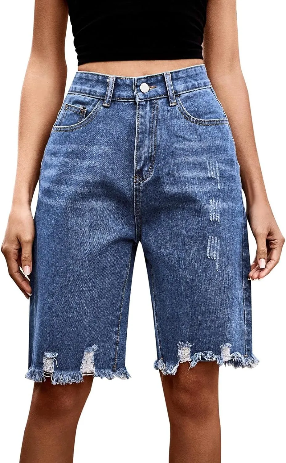 Womens Jean Bermuda Shorts High Waisted Knee Length Casual Stretchy Trendy Baggy Girls Distressed Cutoff Denim Shorts