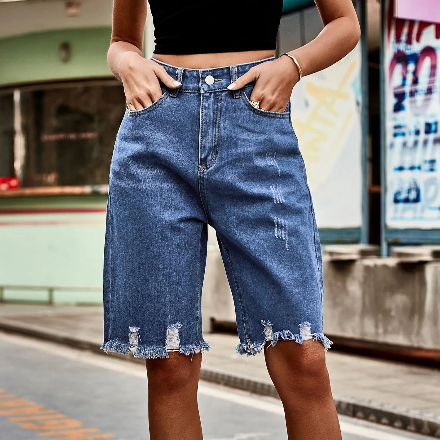 Womens Jean Bermuda Shorts High Waisted Knee Length Casual Stretchy Trendy Baggy Girls Distressed Cutoff Denim Shorts