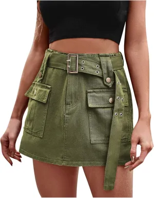 Womens Jean Shorts Casual Stretch Jeans with Multi-Pockets Elastic High Waisted Cargo Denim Shorts Trendy Skirt Shorts