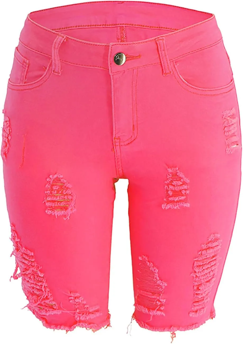 Women's Knee Length Jean Shorts High Waisted Distressed Jeans Ripped Denim Shorts Long Shorts Below The Knee