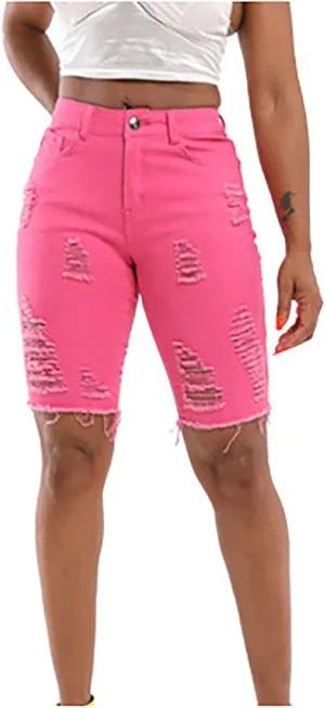 Women's Knee Length Jean Shorts High Waisted Distressed Jeans Ripped Denim Shorts Long Shorts Below The Knee