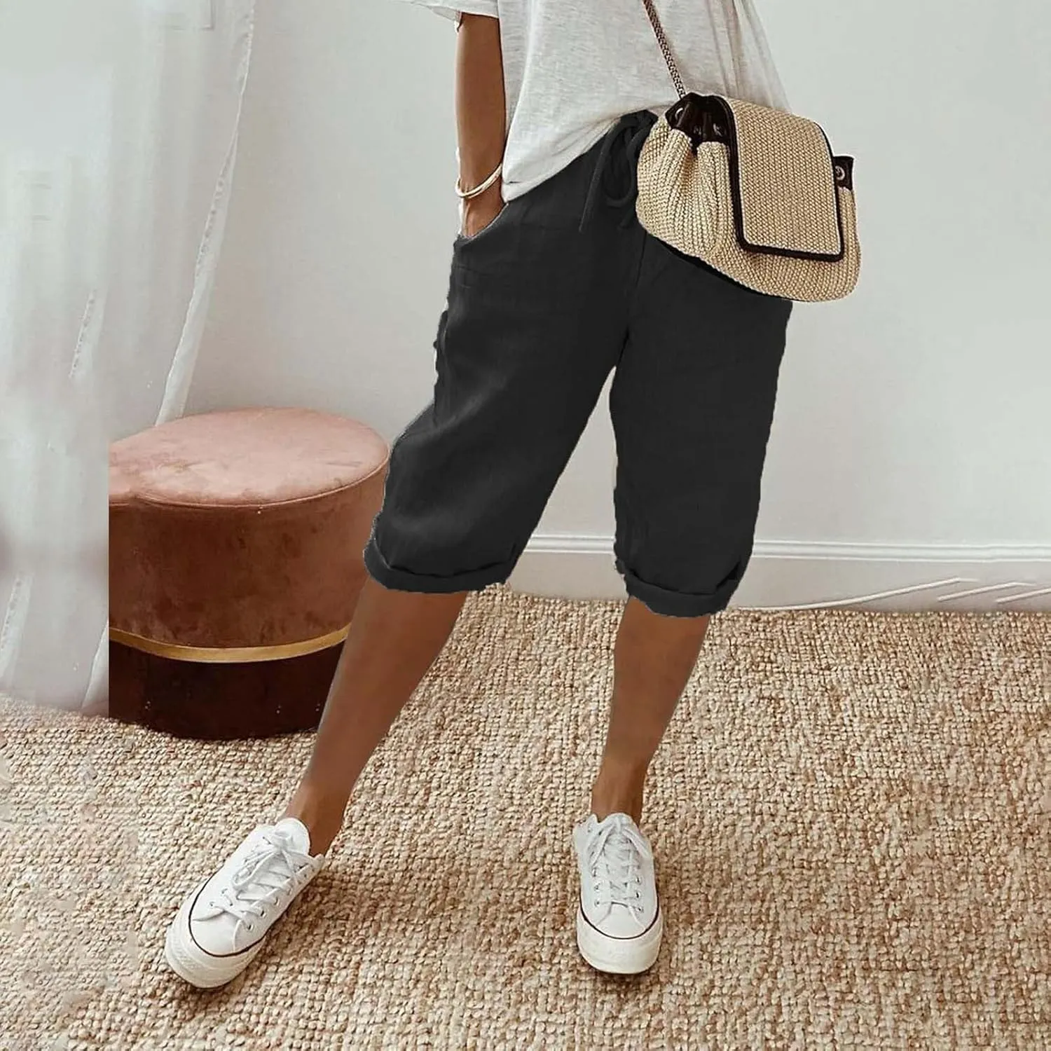 Women's Linen Capri Summer Striped Printed Causal Bermuda Elastic Waist Pants Plus Size Workout Lounge Beach Shorts
