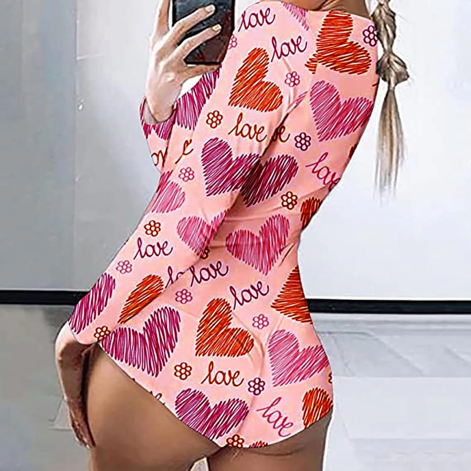 Womens Long Sleeve Bodycon Romper V Neck Heart Print Button Down Bodysuit Short Jumpsuit Sleepwear