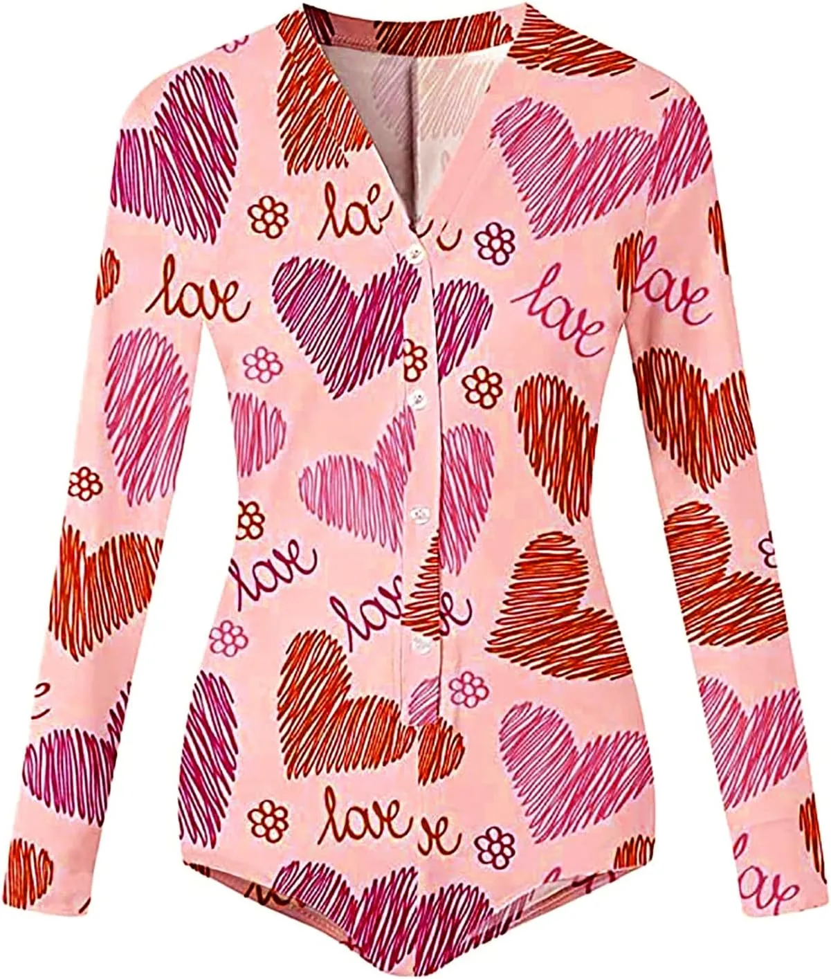 Womens Long Sleeve Bodycon Romper V Neck Heart Print Button Down Bodysuit Short Jumpsuit Sleepwear