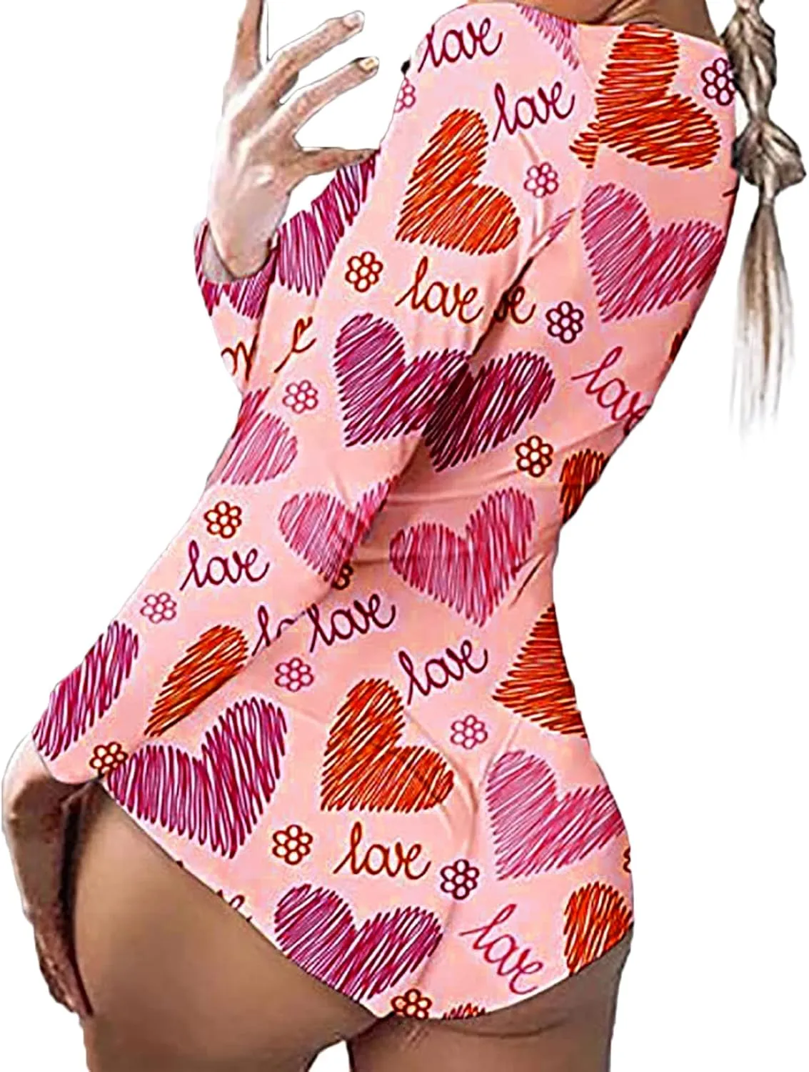 Womens Long Sleeve Bodycon Romper V Neck Heart Print Button Down Bodysuit Short Jumpsuit Sleepwear