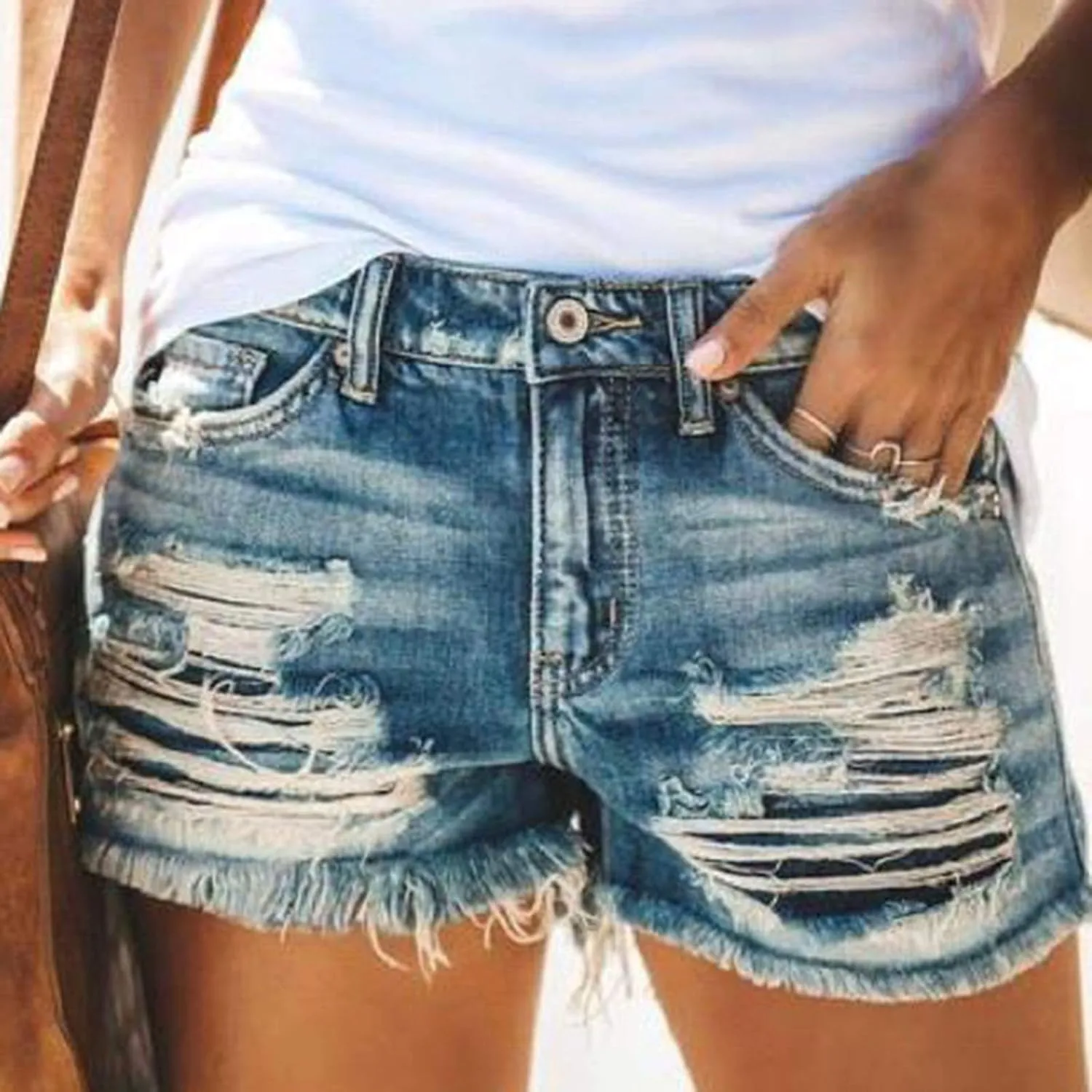 Womens Mid-High Waisted Ripped Denim Jean Shorts Cutoff Stretchy Summer Hot Short Pants Sexy Short Y2K Bottoms