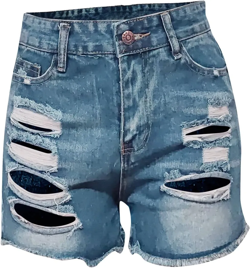 Womens Mid-High Waisted Ripped Denim Jean Shorts Cutoff Stretchy Summer Hot Short Pants Sexy Short Y2K Bottoms