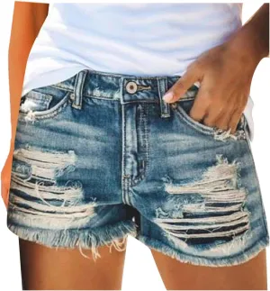 Womens Mid-High Waisted Ripped Denim Jean Shorts Cutoff Stretchy Summer Hot Short Pants Sexy Short Y2K Bottoms