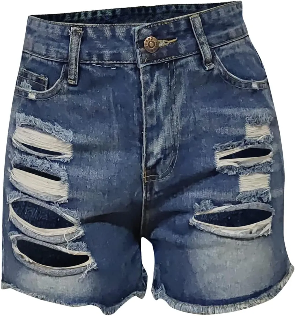 Womens Mid-High Waisted Ripped Denim Jean Shorts Cutoff Stretchy Summer Hot Short Pants Sexy Short Y2K Bottoms