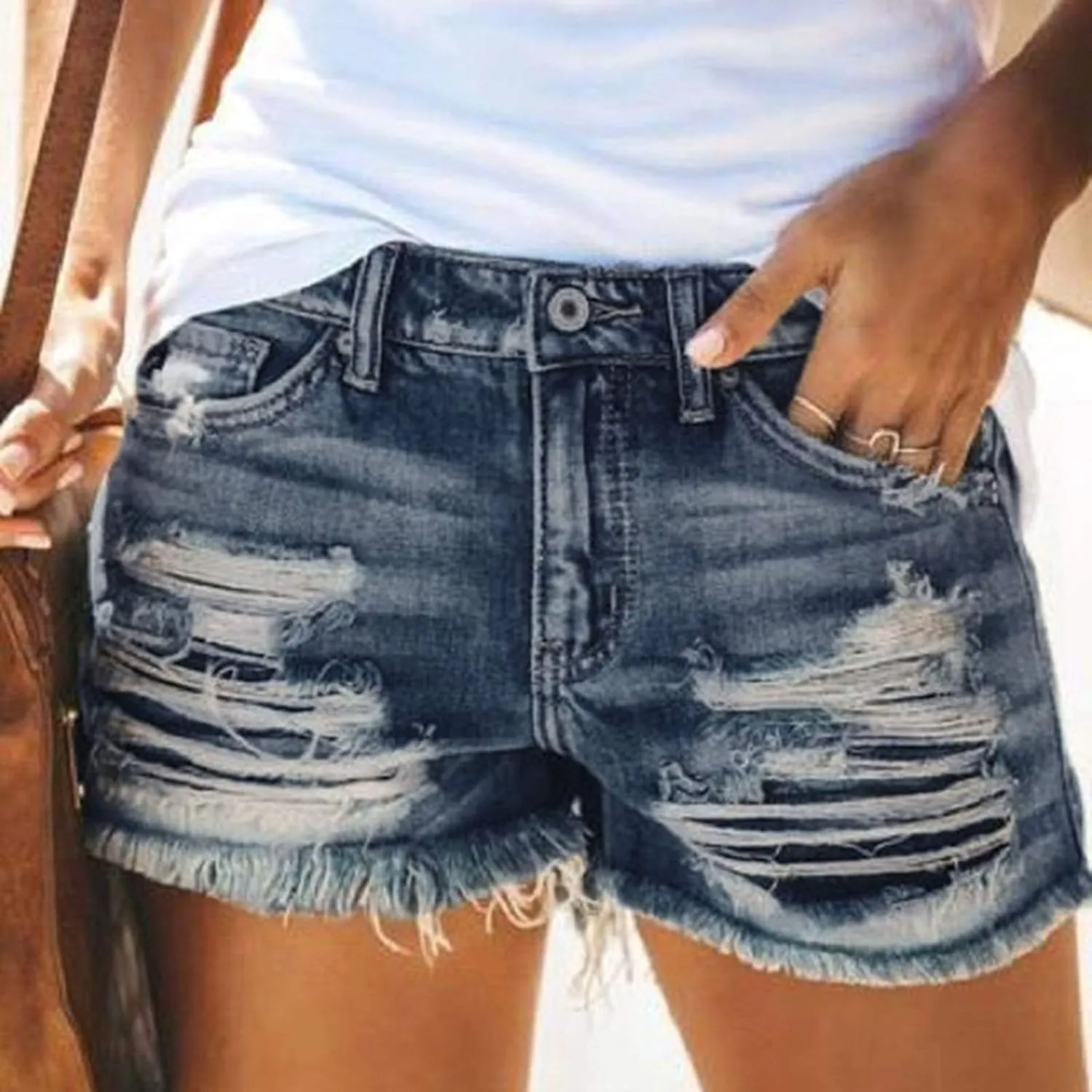 Womens Mid-High Waisted Ripped Denim Jean Shorts Cutoff Stretchy Summer Hot Short Pants Sexy Short Y2K Bottoms