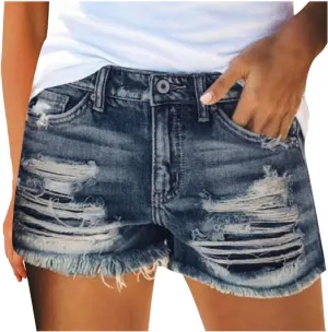 Womens Mid-High Waisted Ripped Denim Jean Shorts Cutoff Stretchy Summer Hot Short Pants Sexy Short Y2K Bottoms