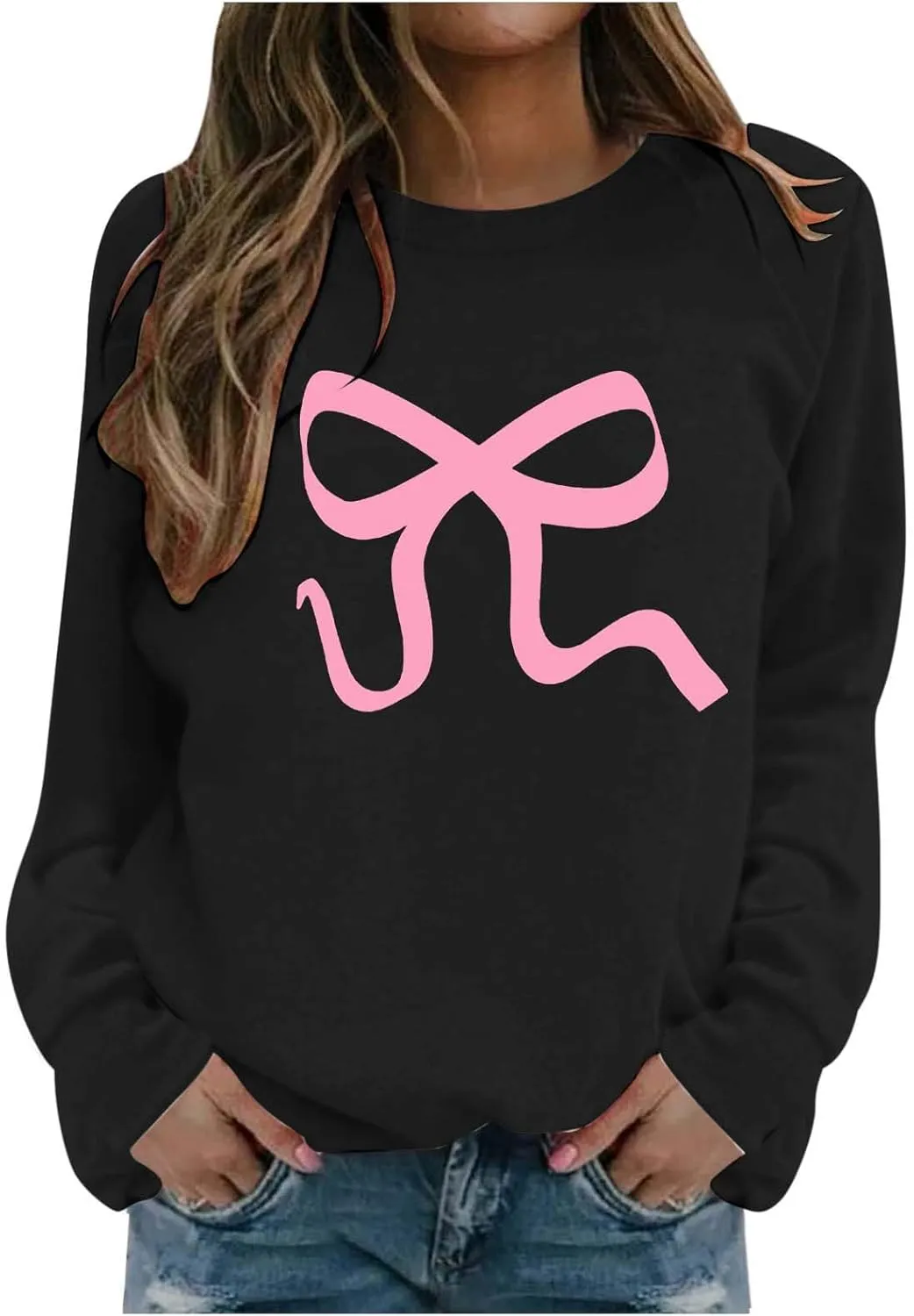 Womens Oversized Crewneck Sweatshirt Hoodies Women Cute Bow Graphic Sweatshirts Long Sleeve Fleece Pullover Bow Sweater Y2k