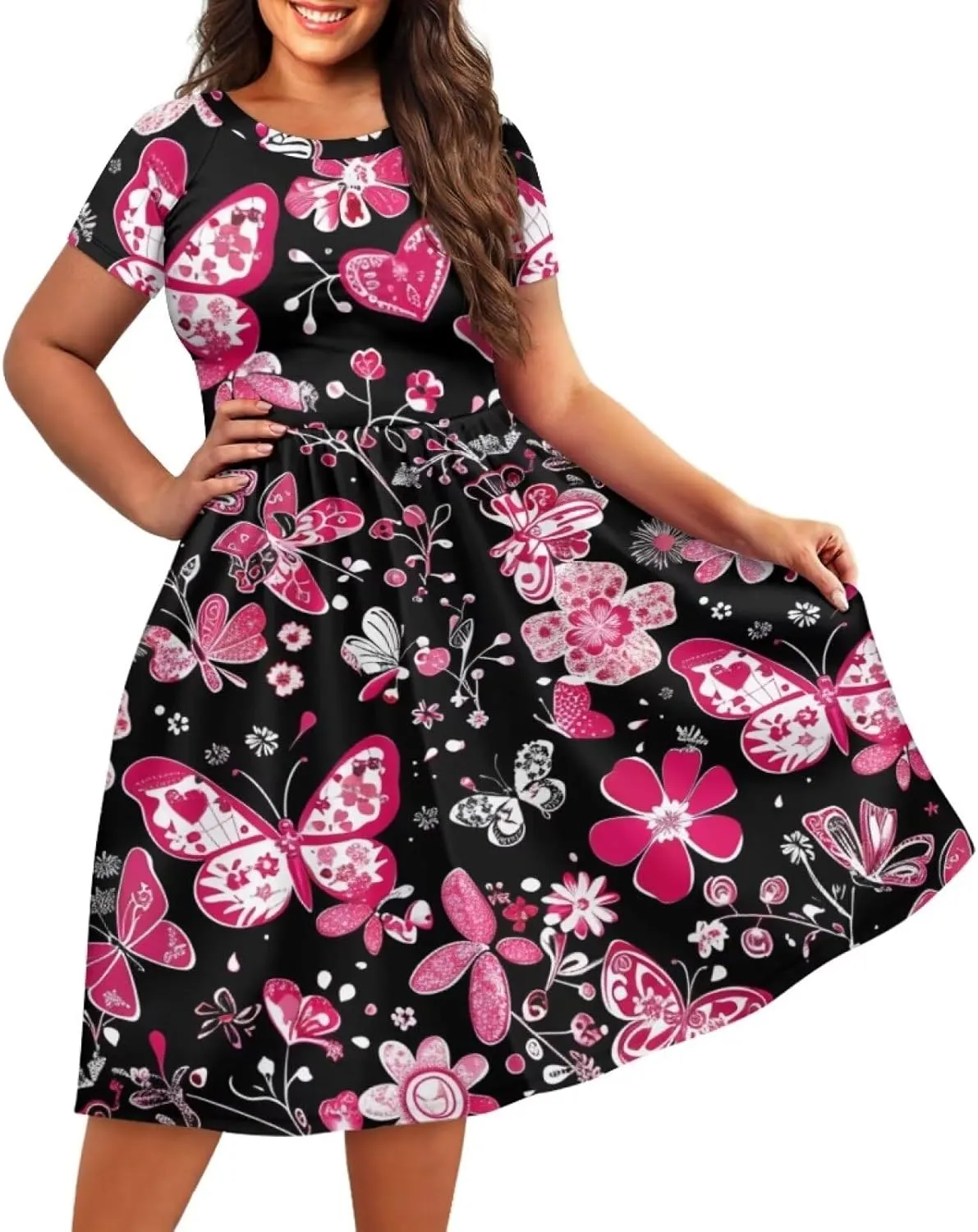 Womens Plus Size Dresses Casual Wide Collar Dress Crewneck Fall Dresses XS-4XL