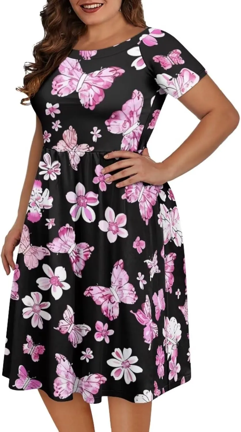 Womens Plus Size Dresses Casual Wide Collar Dress Crewneck Fall Dresses XS-4XL