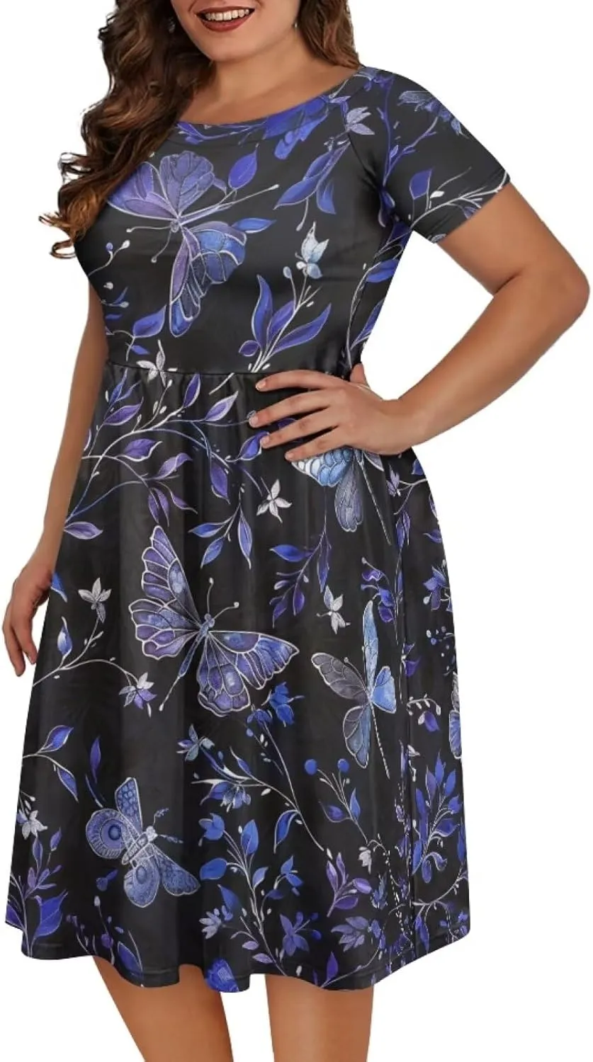 Womens Plus Size Dresses Casual Wide Collar Dress Crewneck Fall Dresses XS-4XL