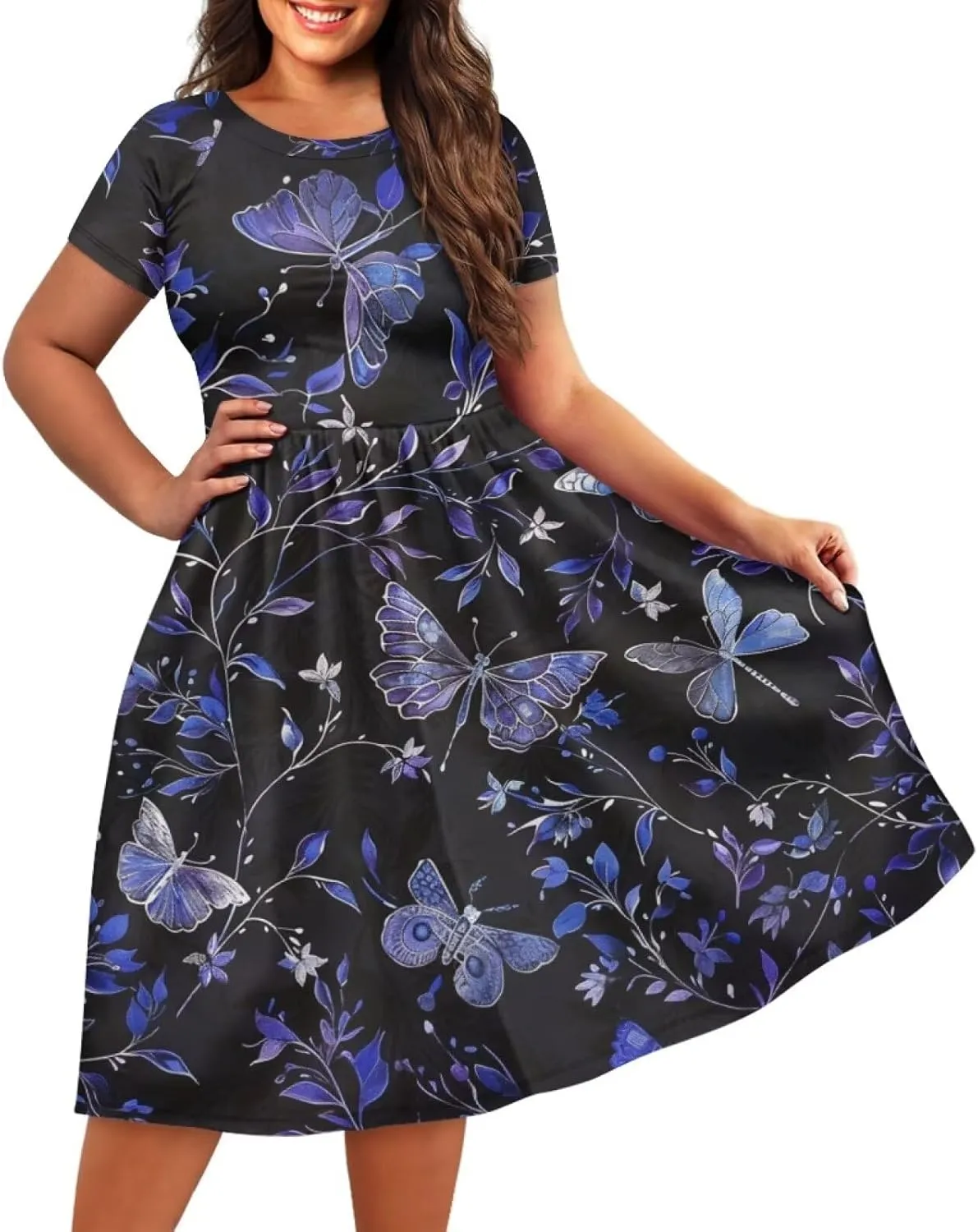Womens Plus Size Dresses Casual Wide Collar Dress Crewneck Fall Dresses XS-4XL