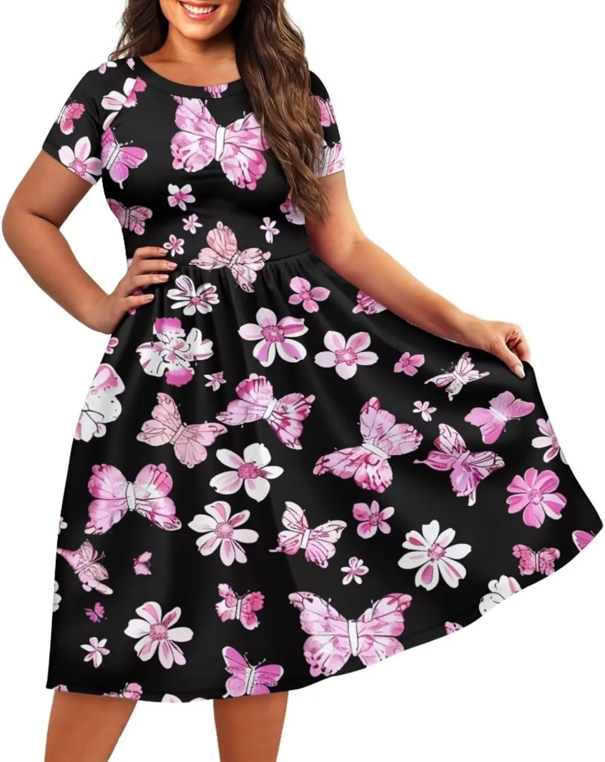 Womens Plus Size Dresses Casual Wide Collar Dress Crewneck Fall Dresses XS-4XL