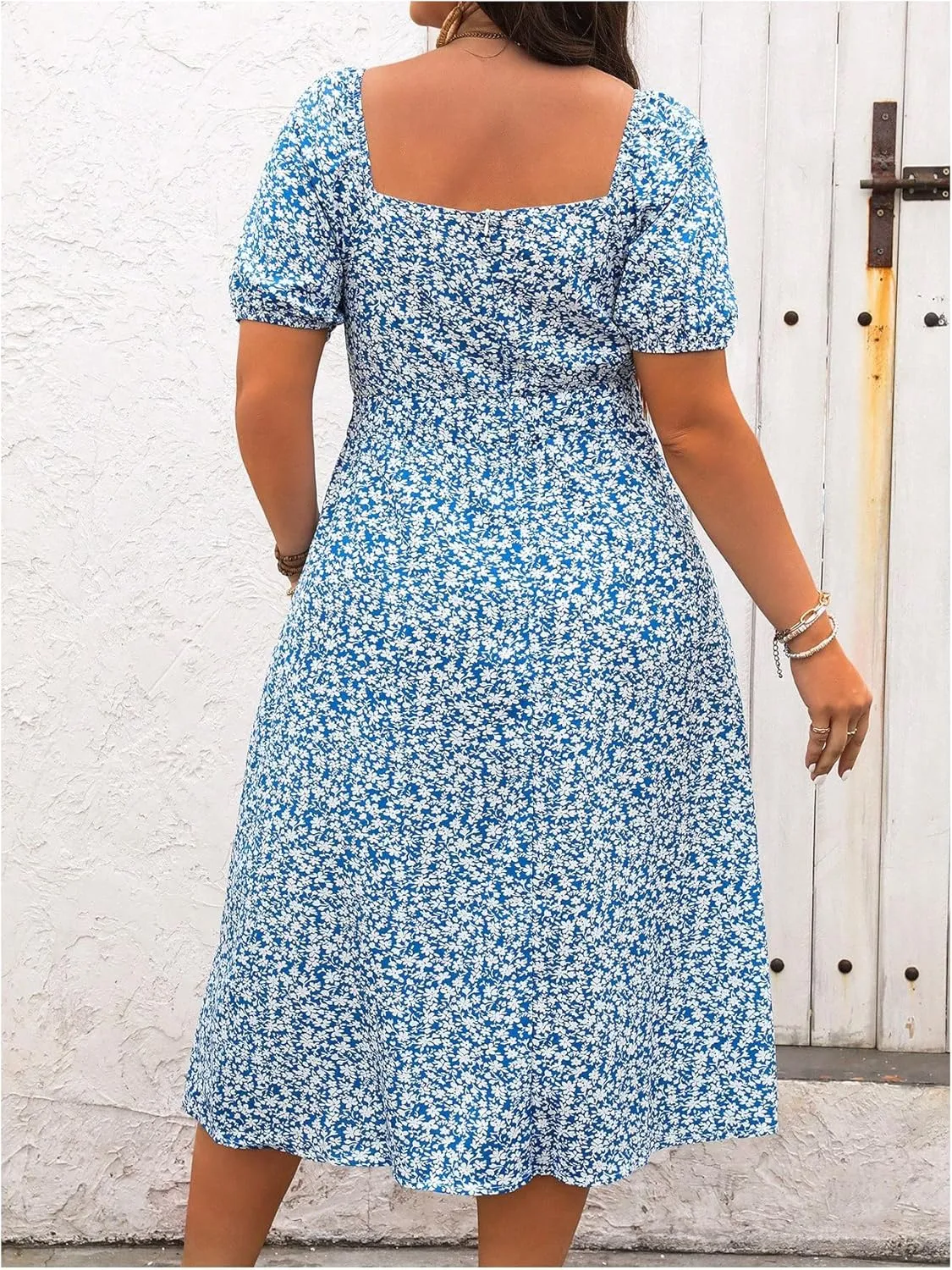 Women's Plus Size Floral Milkmaid Dress Boho Bow Tie Knot Puff Sleeve Split Thigh Vacation Summer Midi Dresses