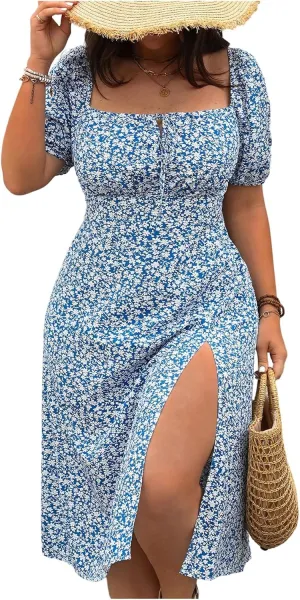 Women's Plus Size Floral Milkmaid Dress Boho Bow Tie Knot Puff Sleeve Split Thigh Vacation Summer Midi Dresses