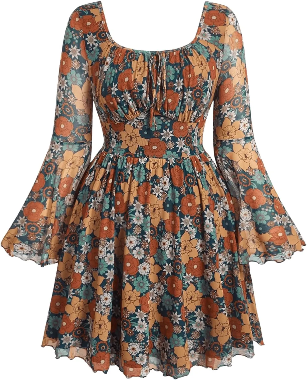Women's Plus Size Floral Print Mesh Dress Ruffle Hem Boho Dress Ruched Long Bell Sleeve A Line Mini Dresses